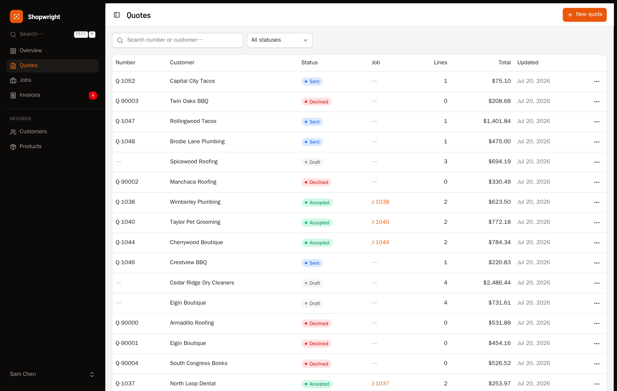 A list of quotes, proofs, and invoices with automatic follow-up status on each.