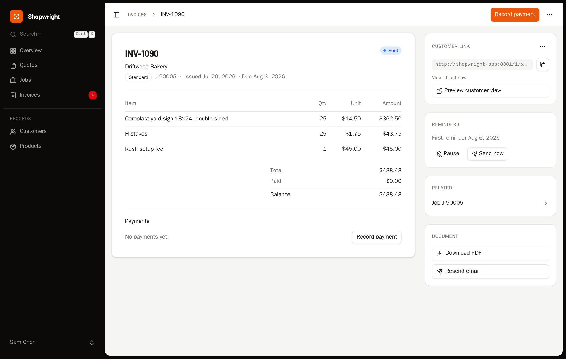 A delivery status line reading Delivered and Viewed two hours ago on an invoice.
