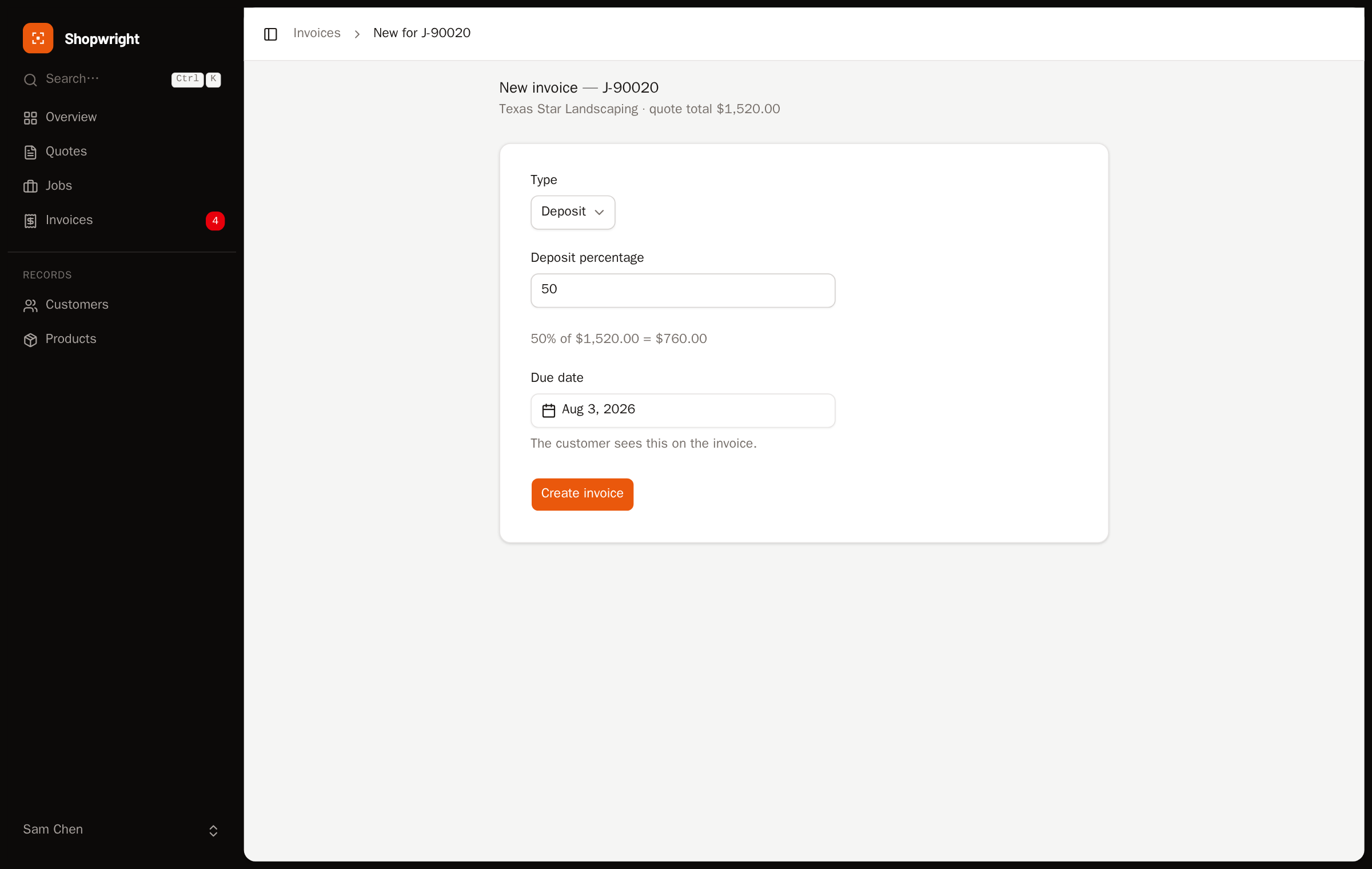 Creating an invoice for a walk-in job directly, without a prior quote.