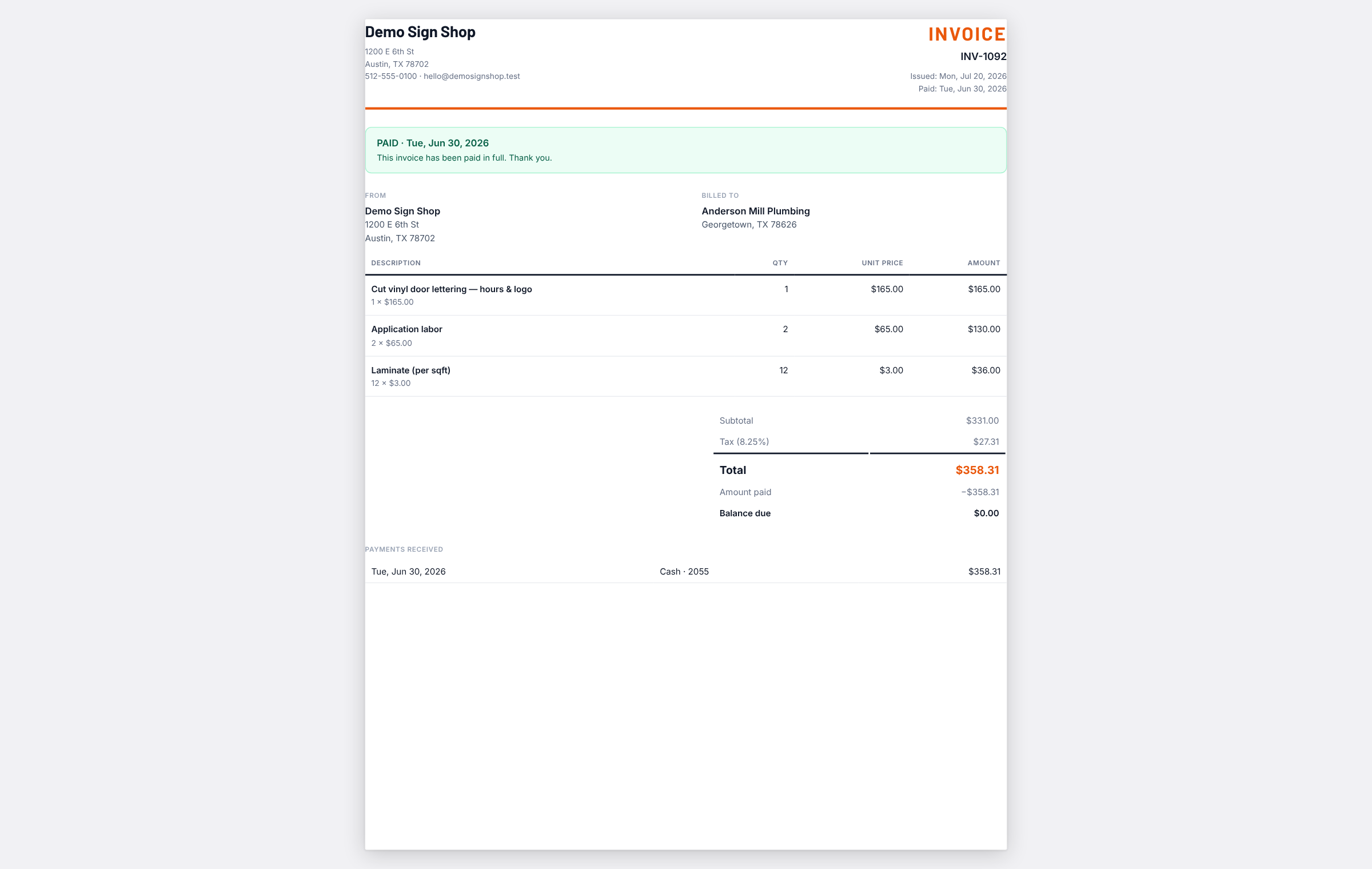 A generated PDF invoice laid out like a printed document.