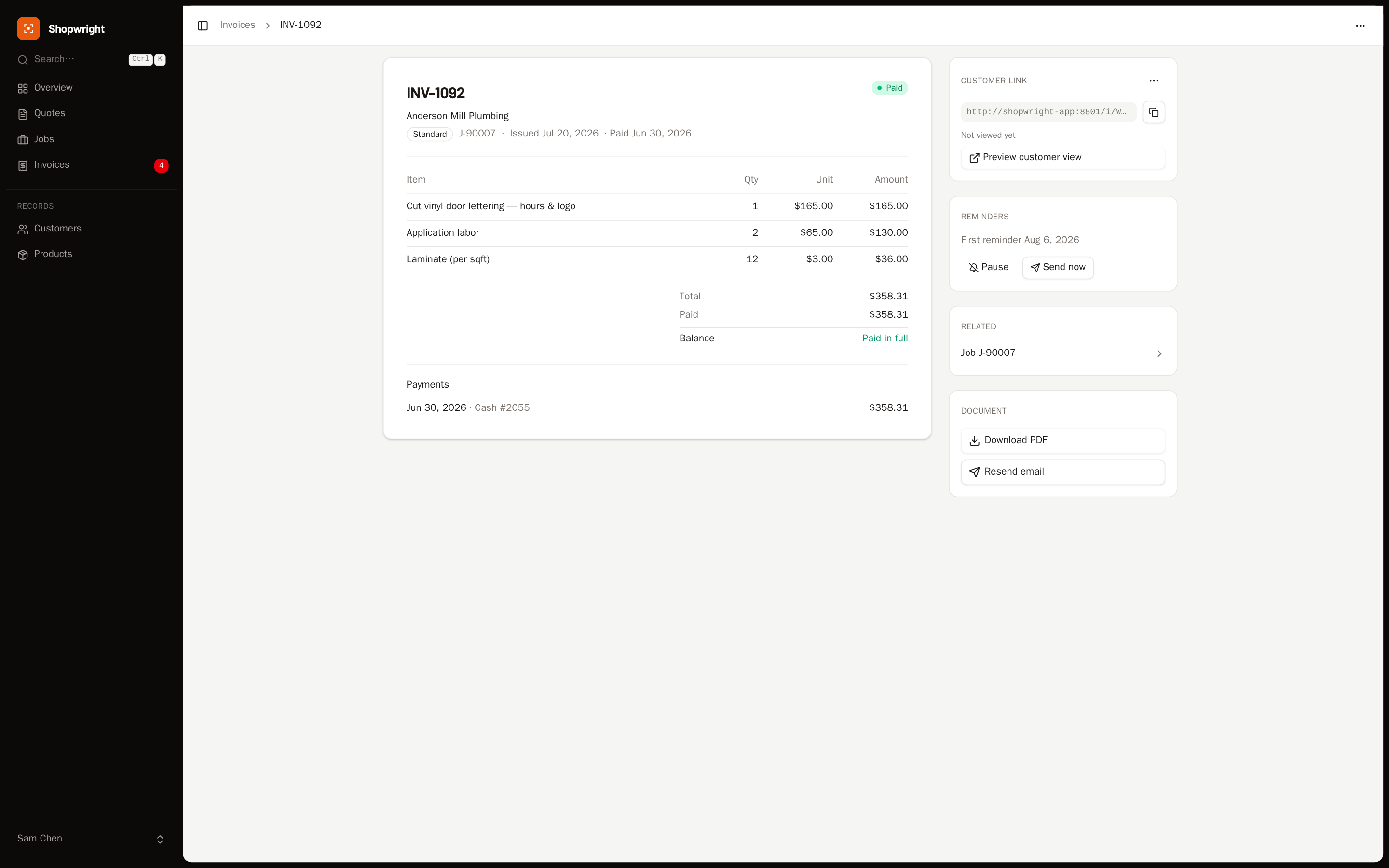 An invoice detail page showing line items, a deposit credit, and a running payments ledger.
