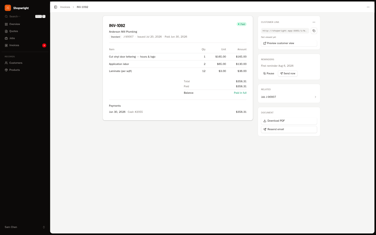 Sign shop invoicing in Shopwright — preview