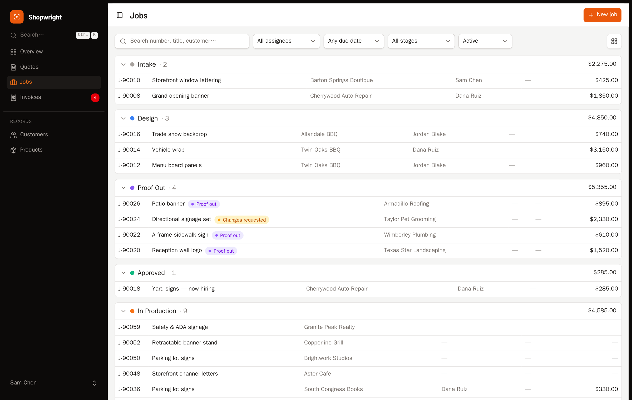 The job list grouped into stage lanes, each lane showing a dollar subtotal of its jobs.