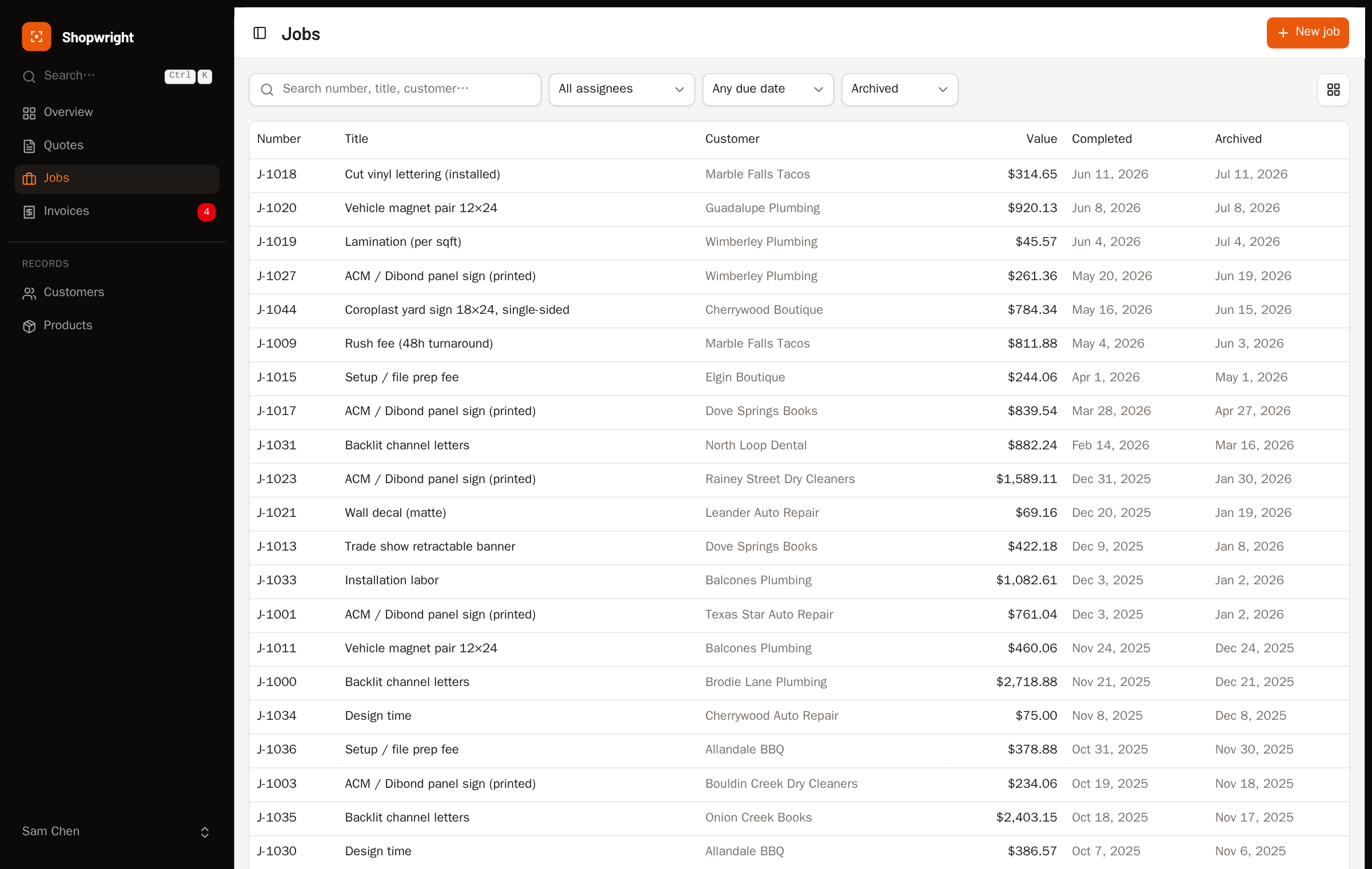 The archive view listing completed, paid jobs kept out of the active board.