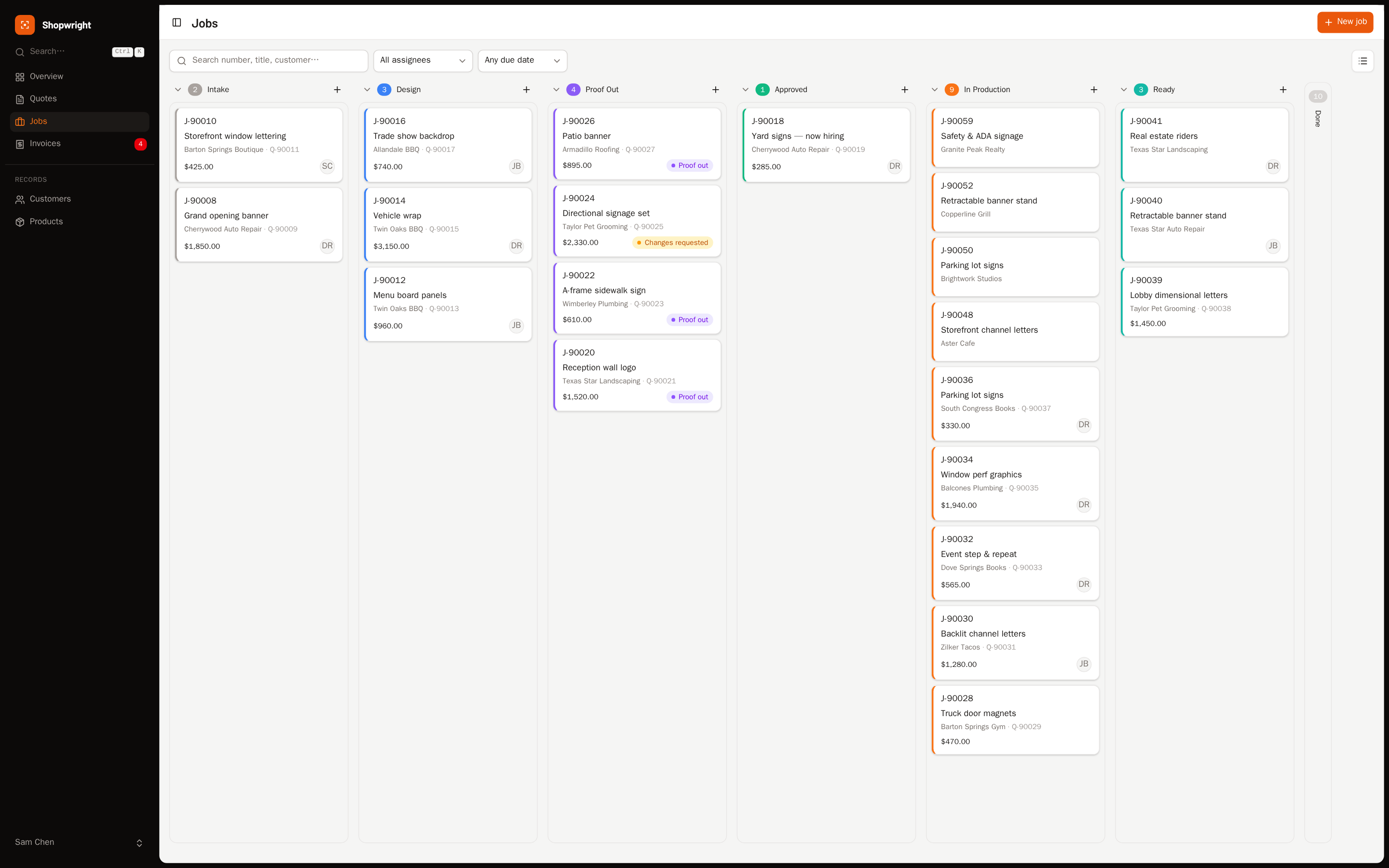 The Shopwright job board showing active sign jobs arranged in stage columns from Proof Out through In Production to Ready.