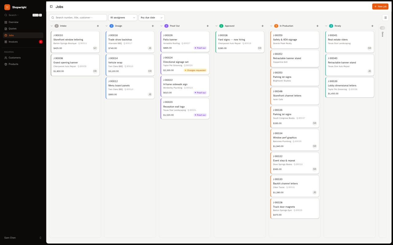 Sign shop job board in Shopwright — preview