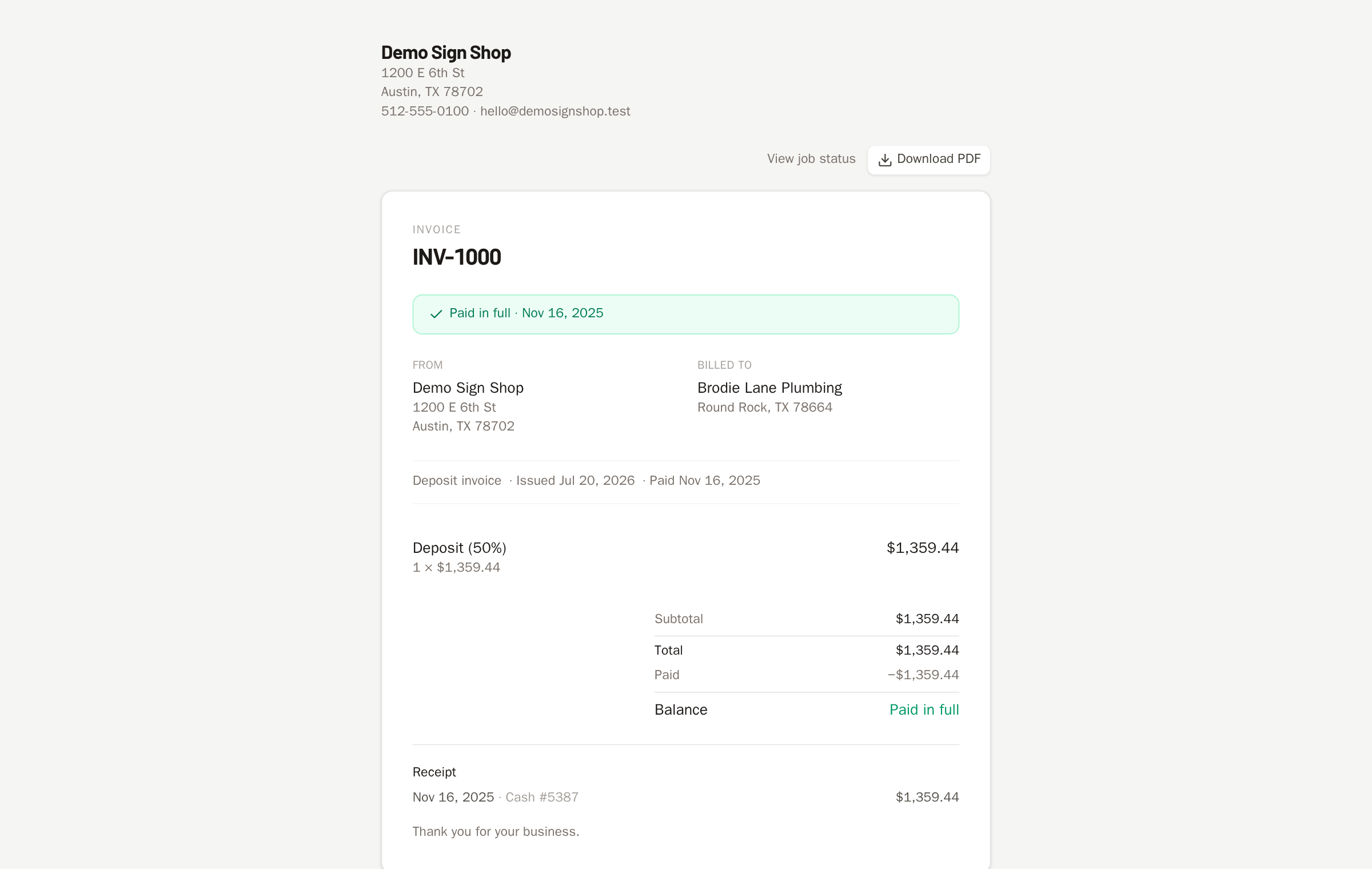 An invoice marked paid in full after an online card payment.