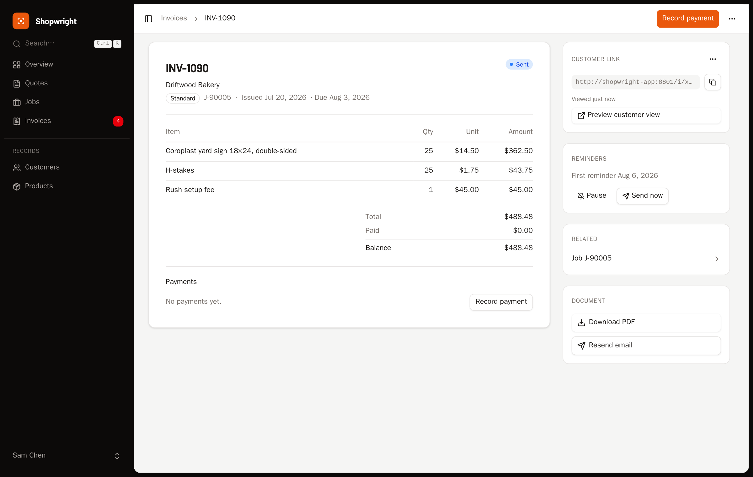 A deposit invoice created from an accepted quote, ready to send.
