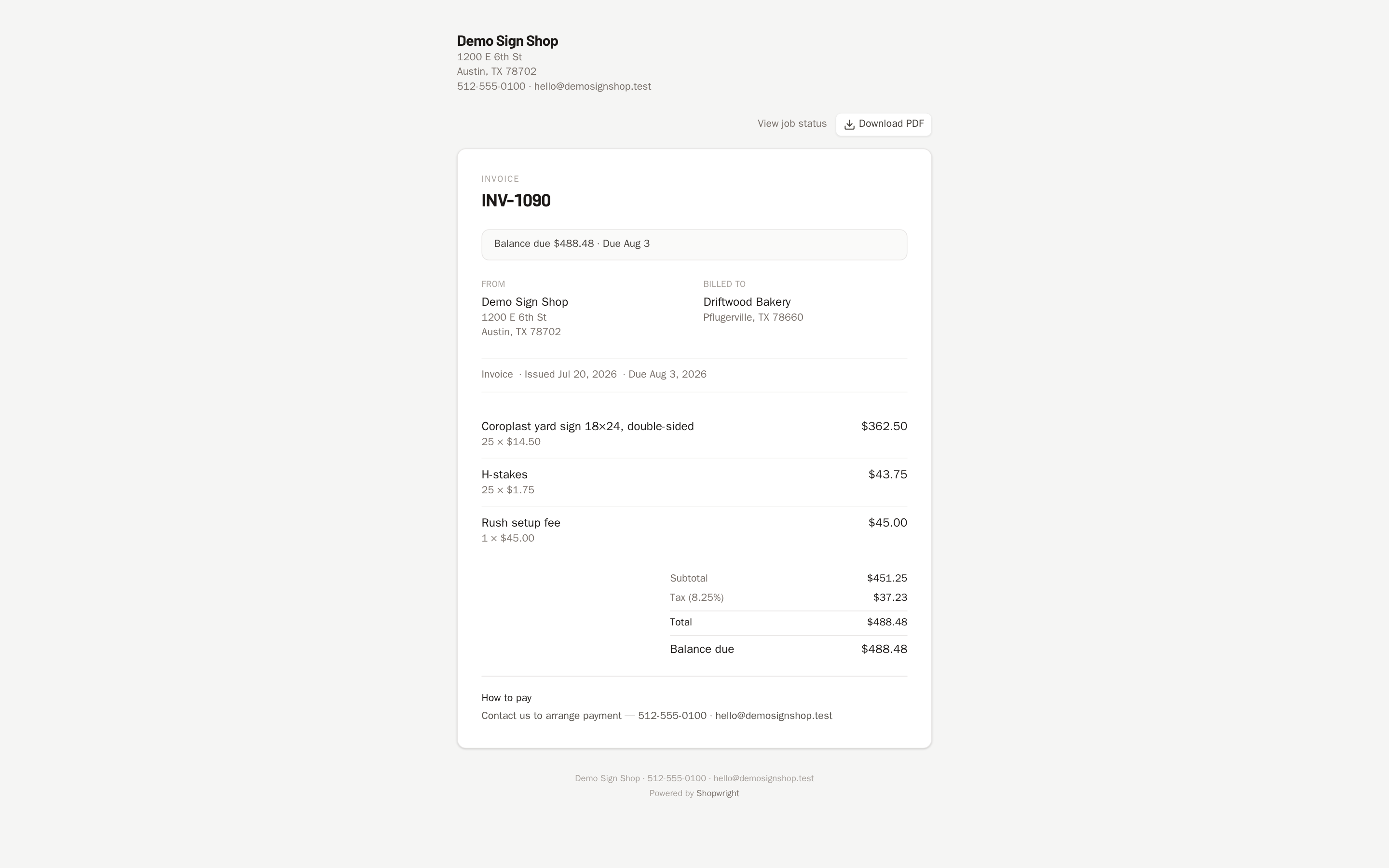 A customer invoice with a "Pay online" button showing the amount due.