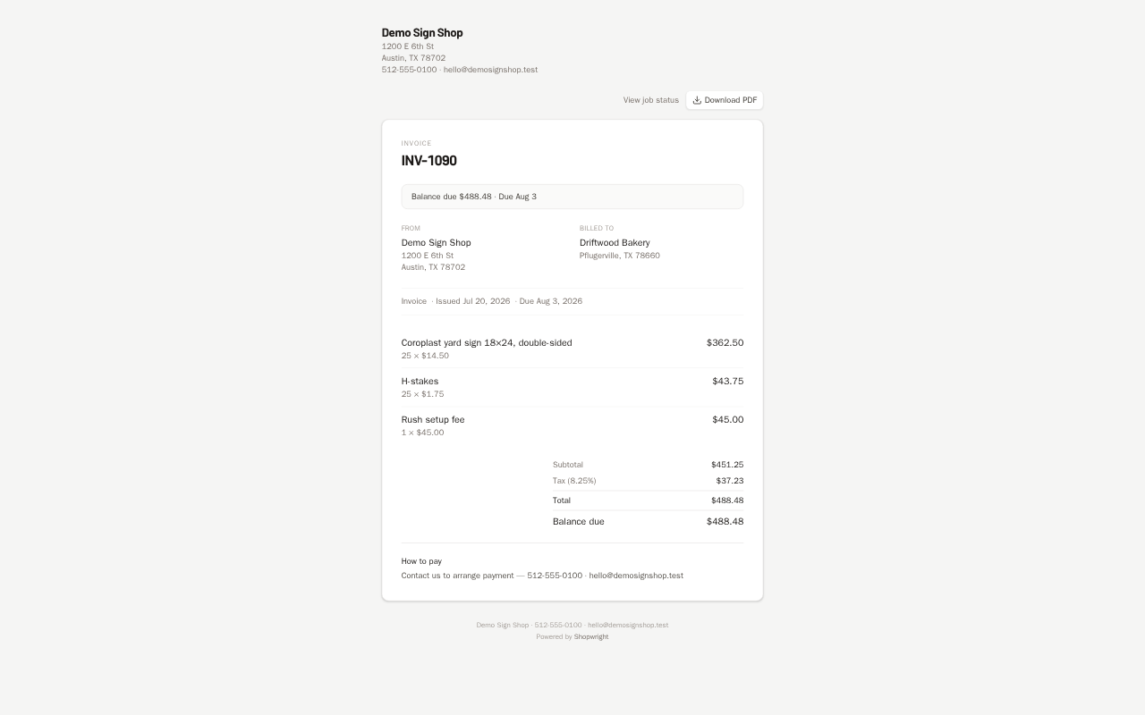 Online payments for sign shops in Shopwright — preview