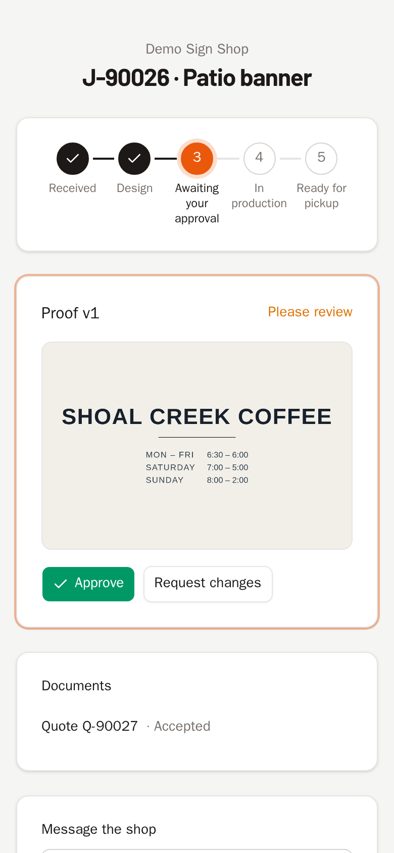The public proof approval screen on a phone with Approve and Request changes buttons.