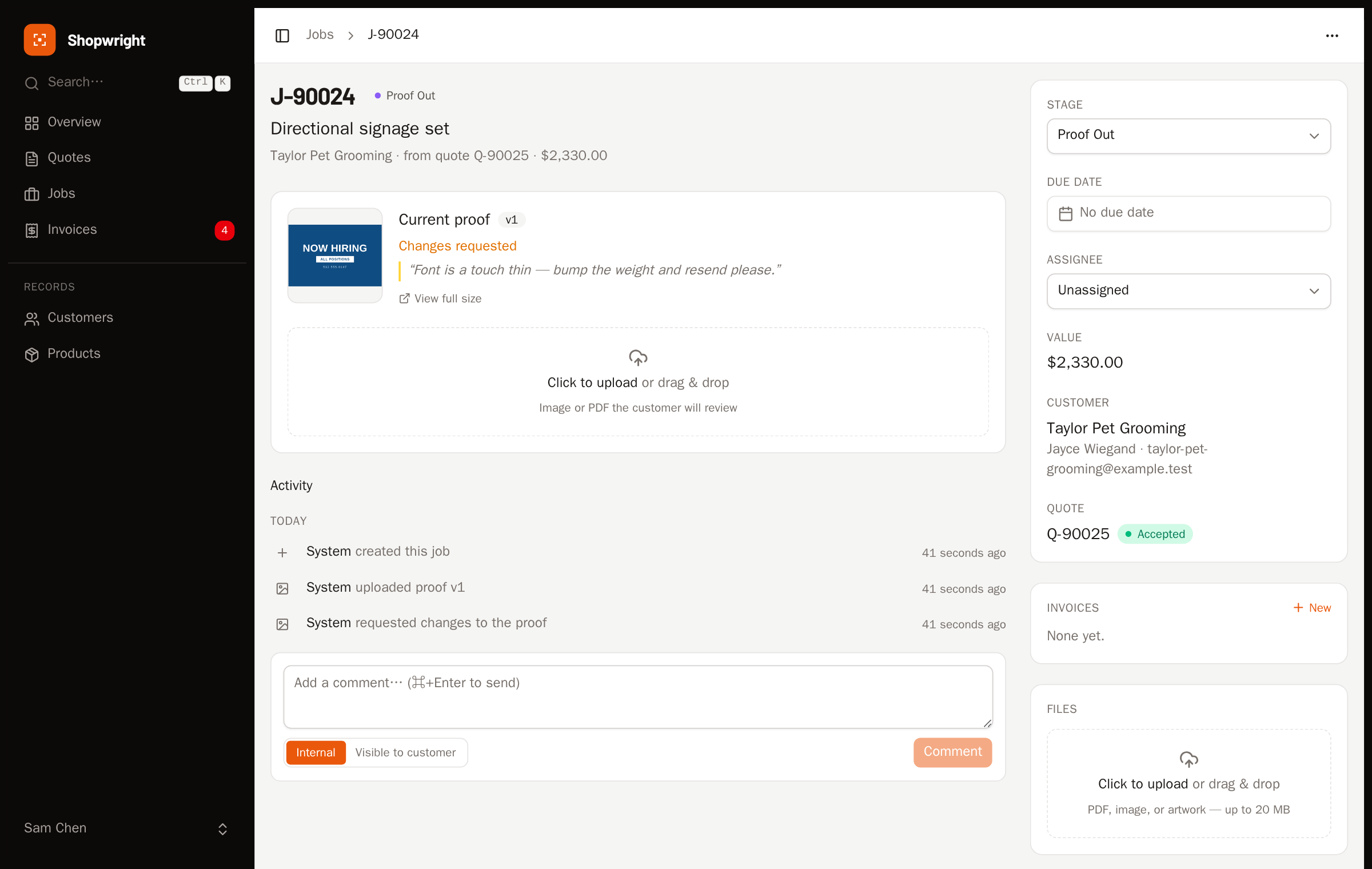 A threaded list of customer change-request comments under a proof.
