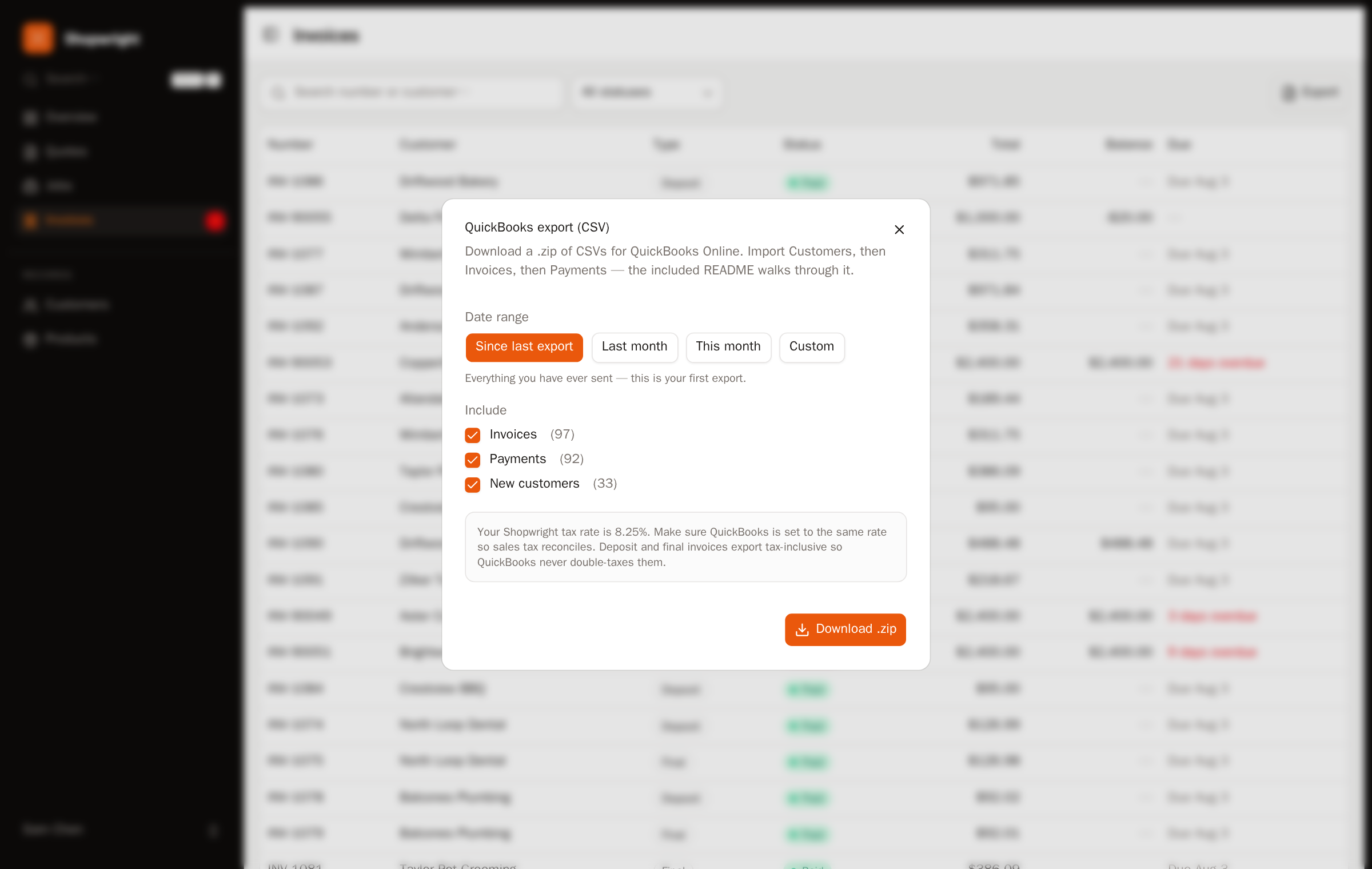 A completed export showing counts of customers, invoices, and payments in the download.
