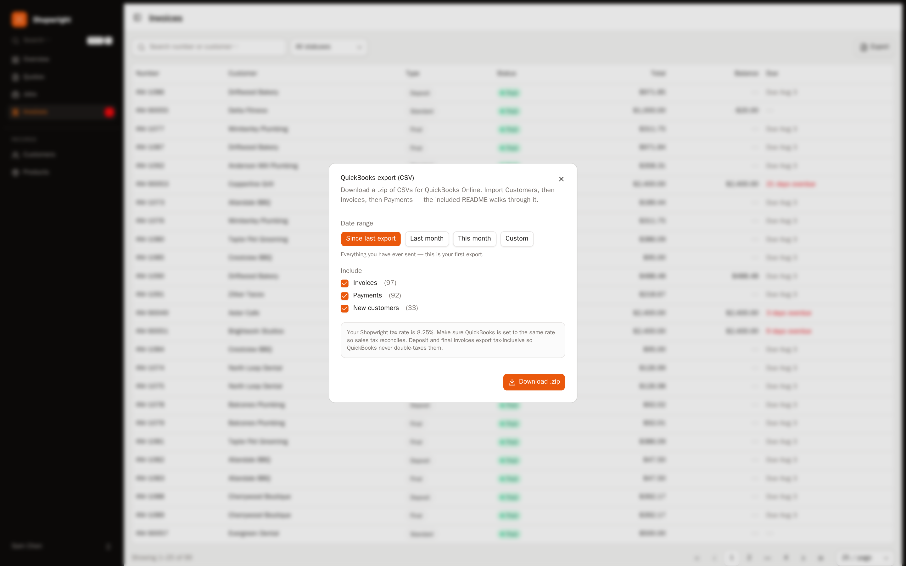 The QuickBooks export dialog in Shopwright with a summary of how many customers, invoices, and payments will be included.