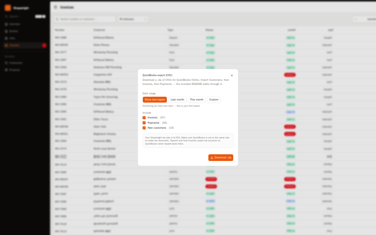 QuickBooks export for sign shops in Shopwright — preview