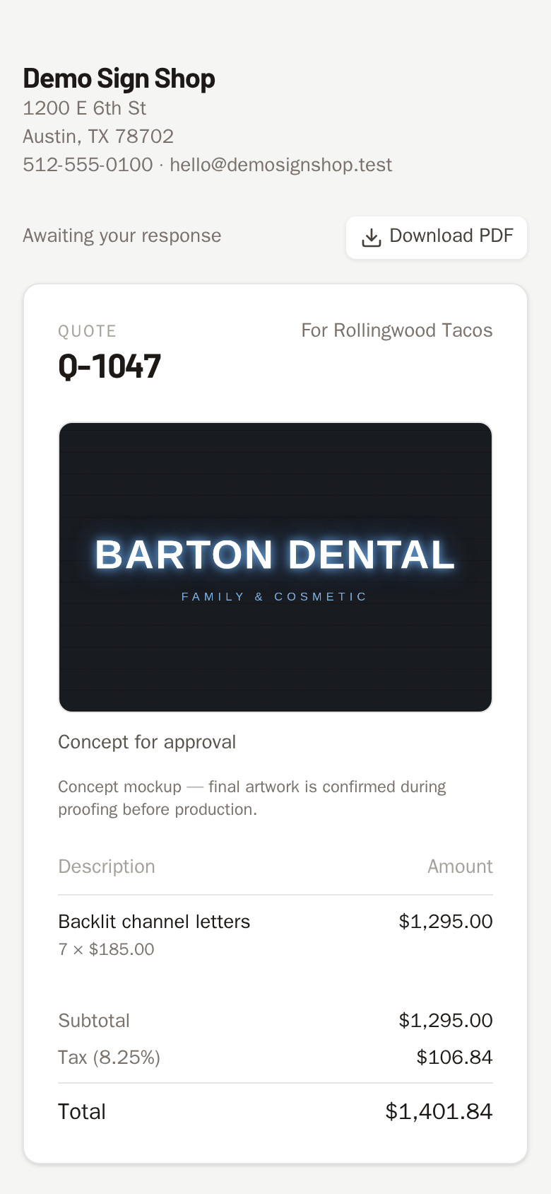 The customer view of a quote on a phone, showing a mockup image of the finished sign above the price.