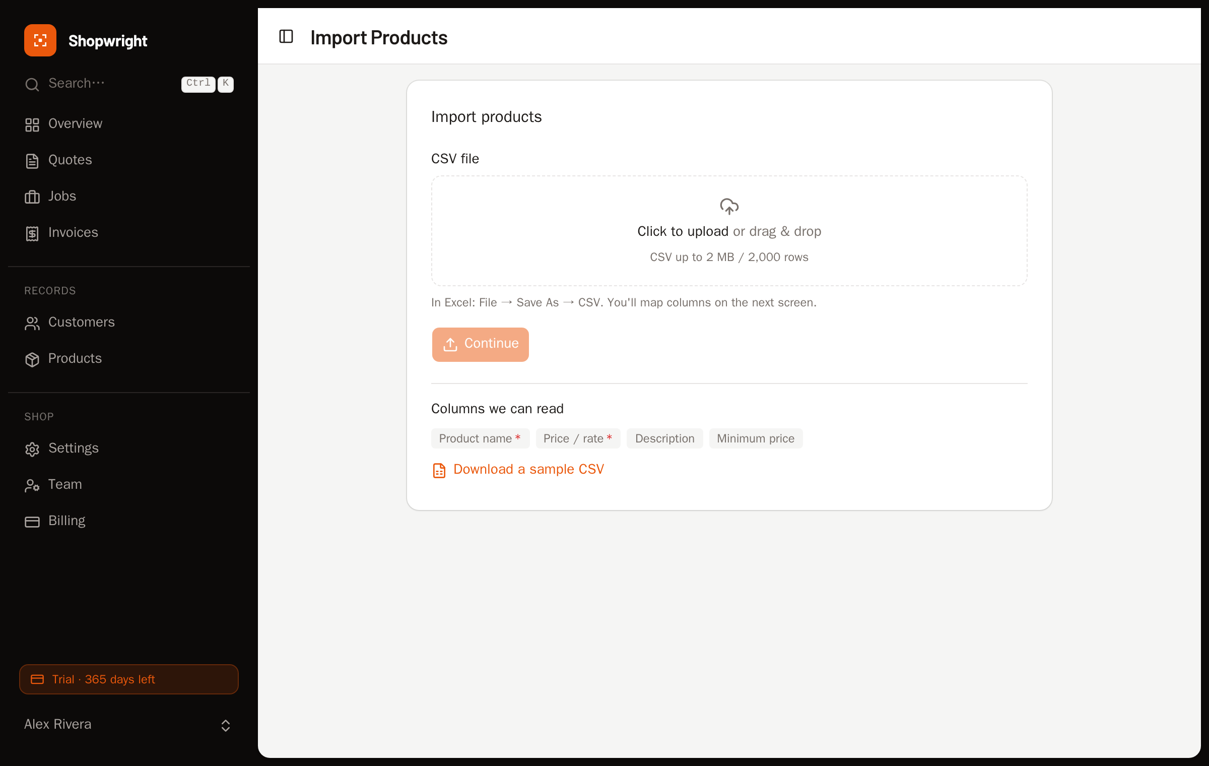 The CSV import screen mapping spreadsheet columns to product fields.