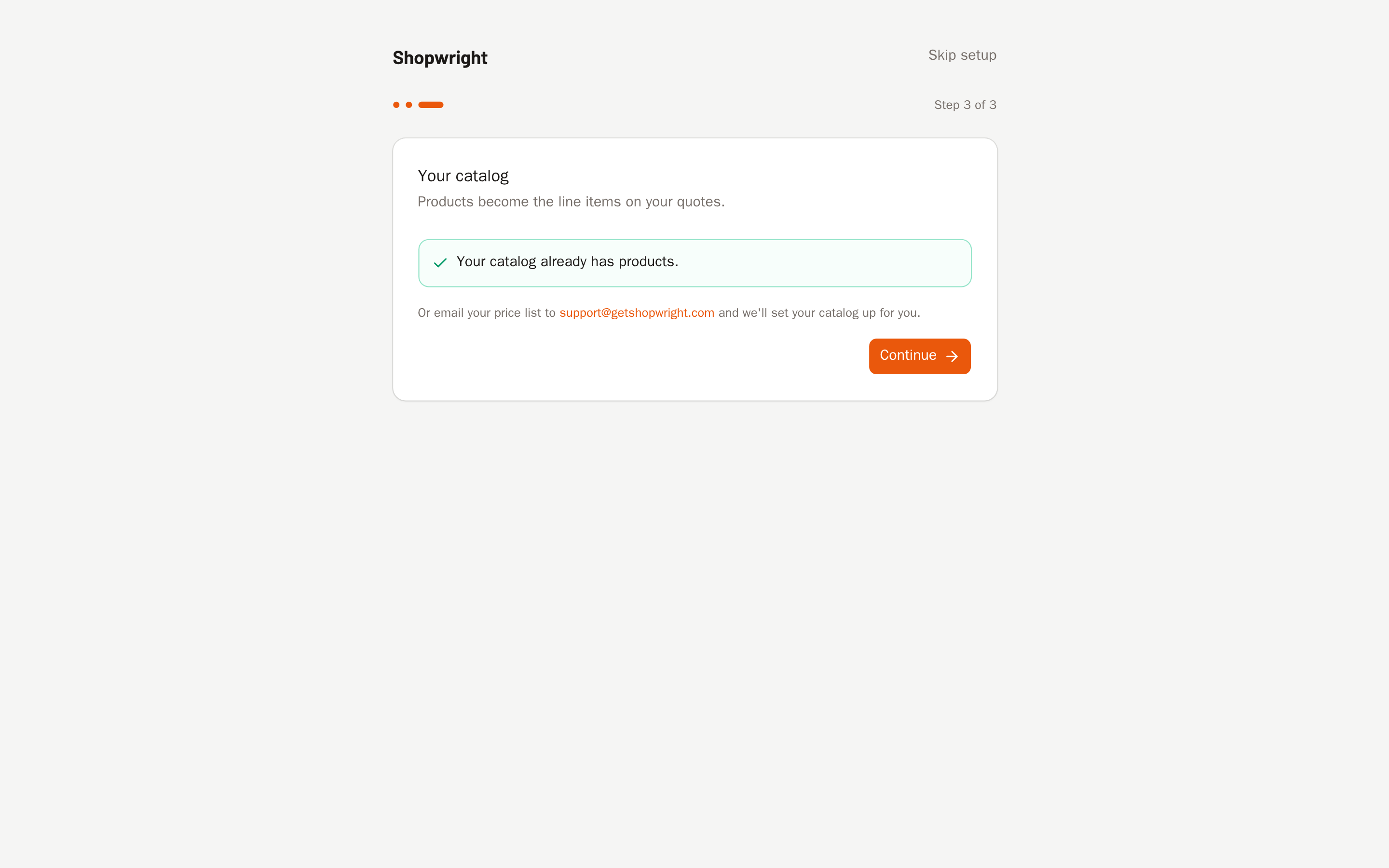 The Shopwright guided setup wizard on the step that offers a one-click starter catalog.