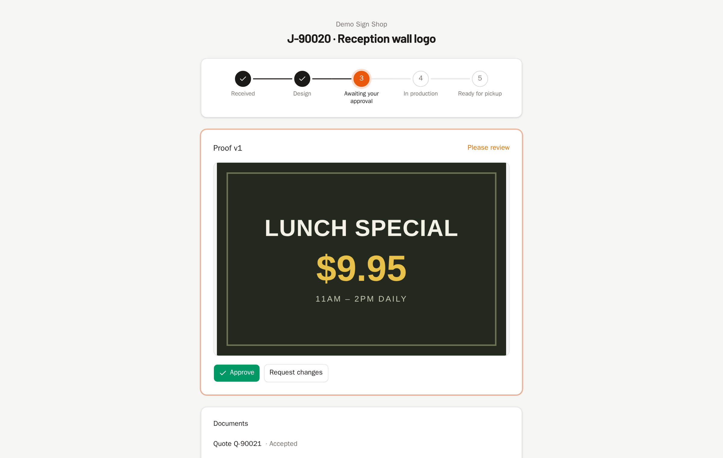 A Documents card on the public job page listing document statuses with no dollar amounts.