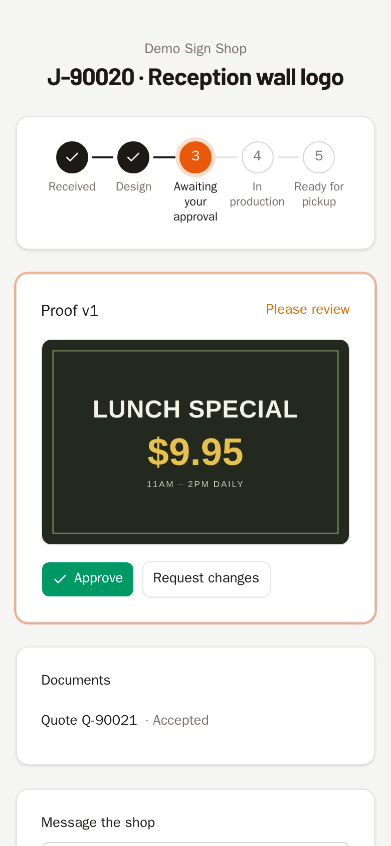 A customer job status page on a phone showing a progress stepper from intake to done.