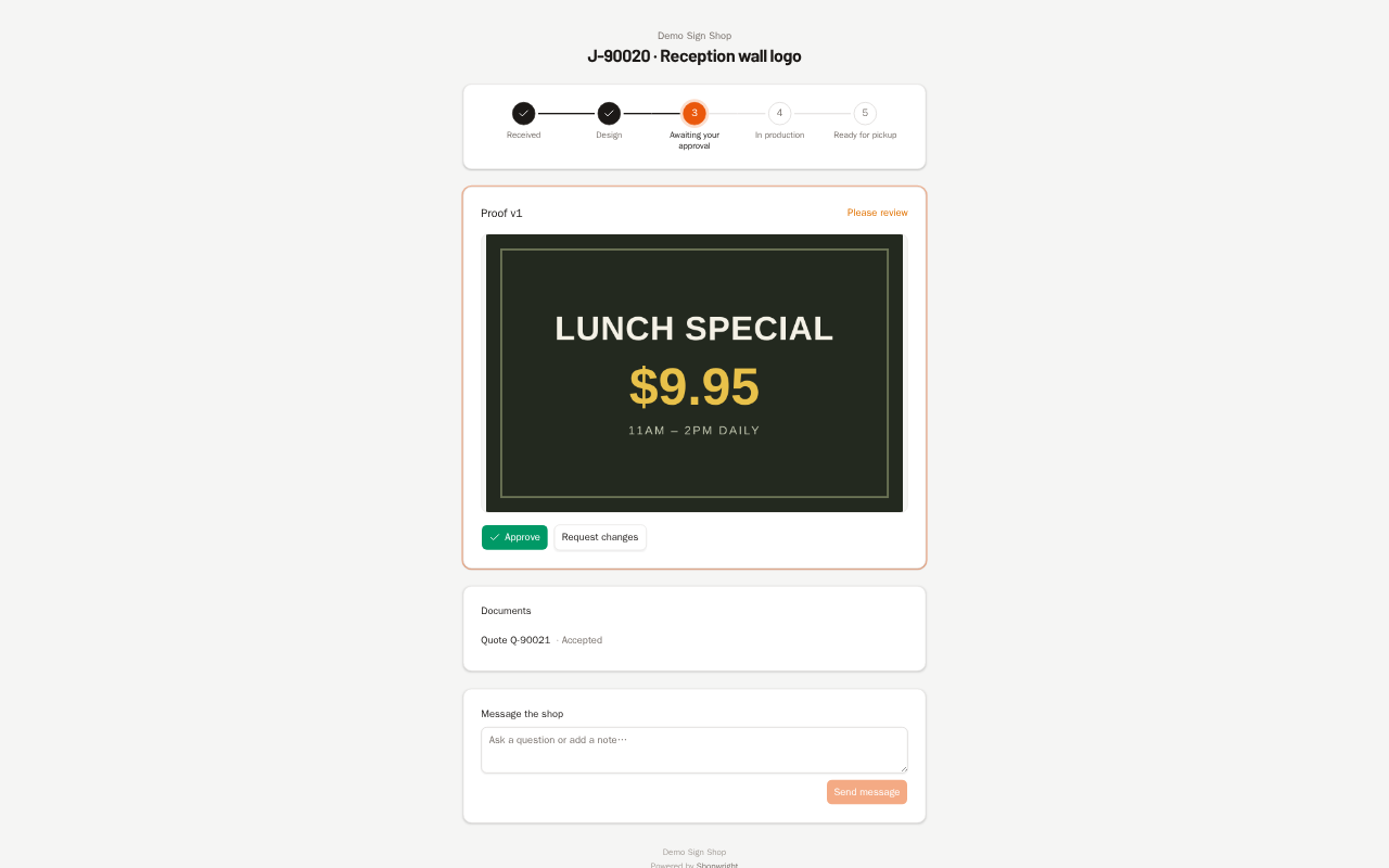 Customer job status page in Shopwright — preview