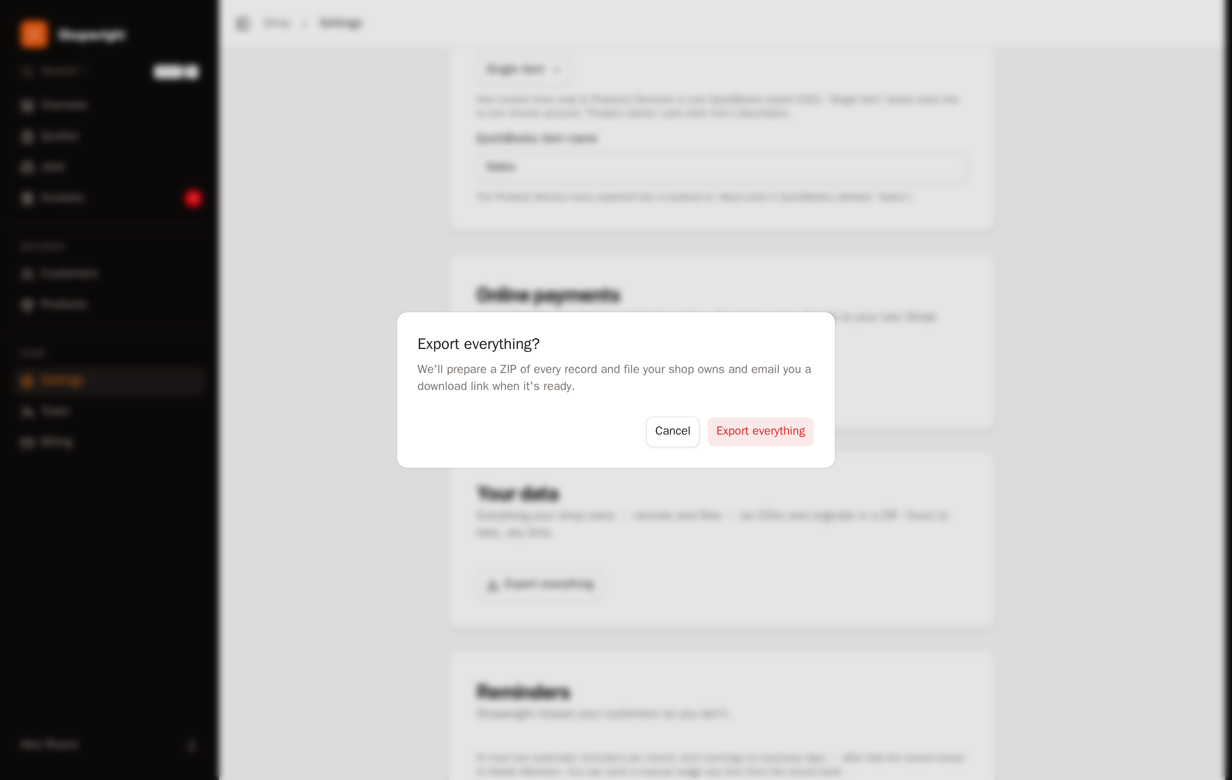 A "we'll email you the download link" confirmation after requesting a full export.