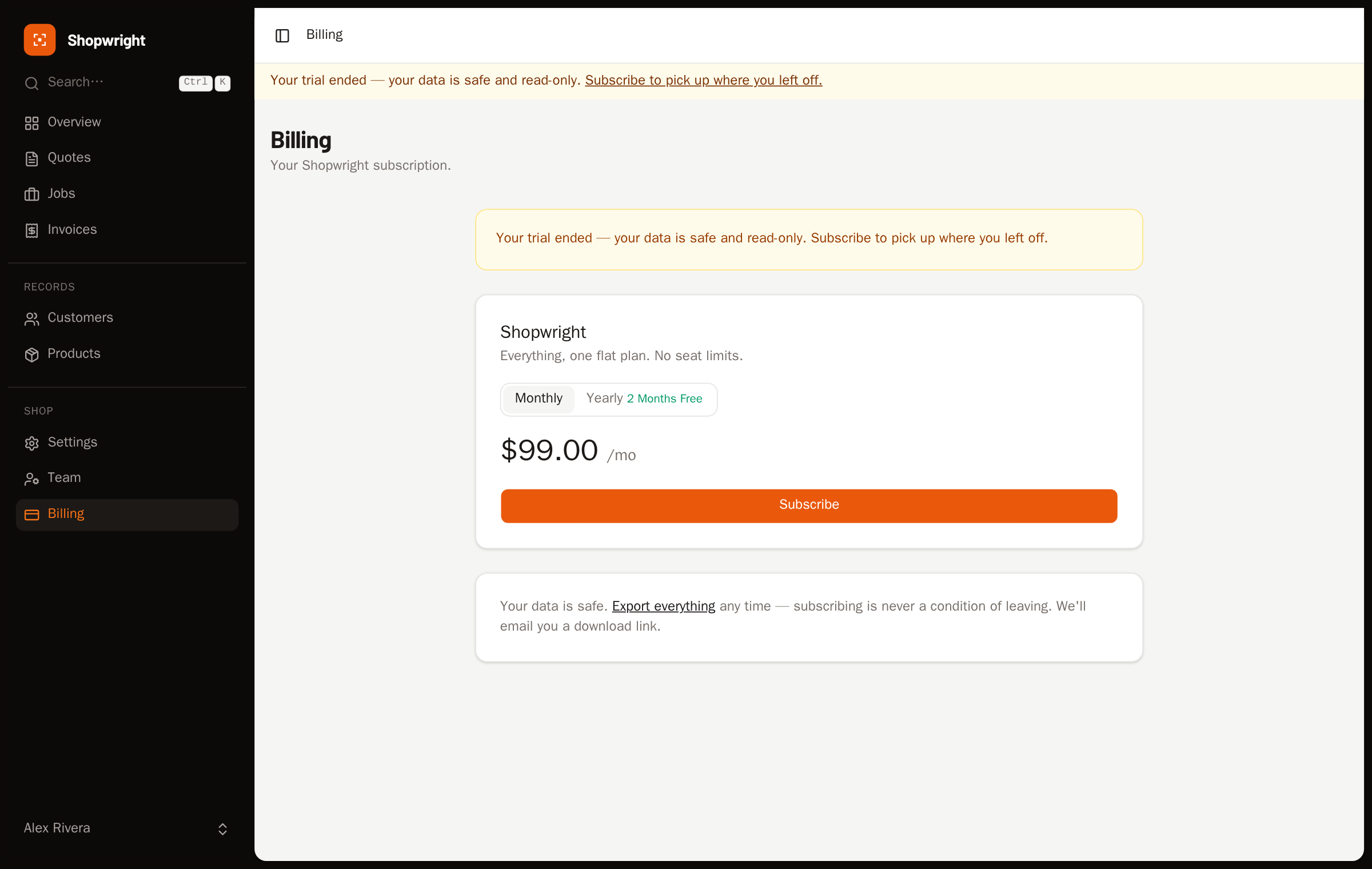 A read-only account after a lapsed subscription, still showing the data export link.